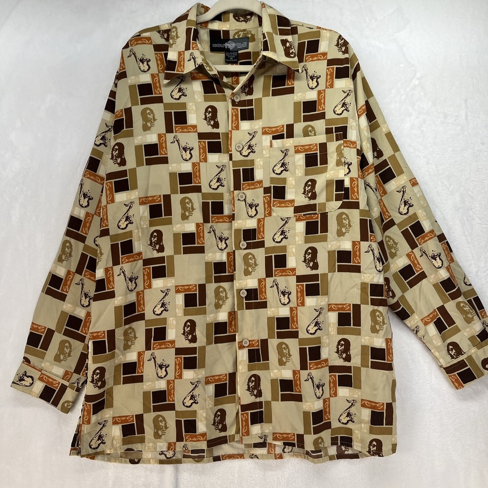 Vintage SouthPole Button Down Mens Sz Medium All Over‎ Print Jazz Miles Davis